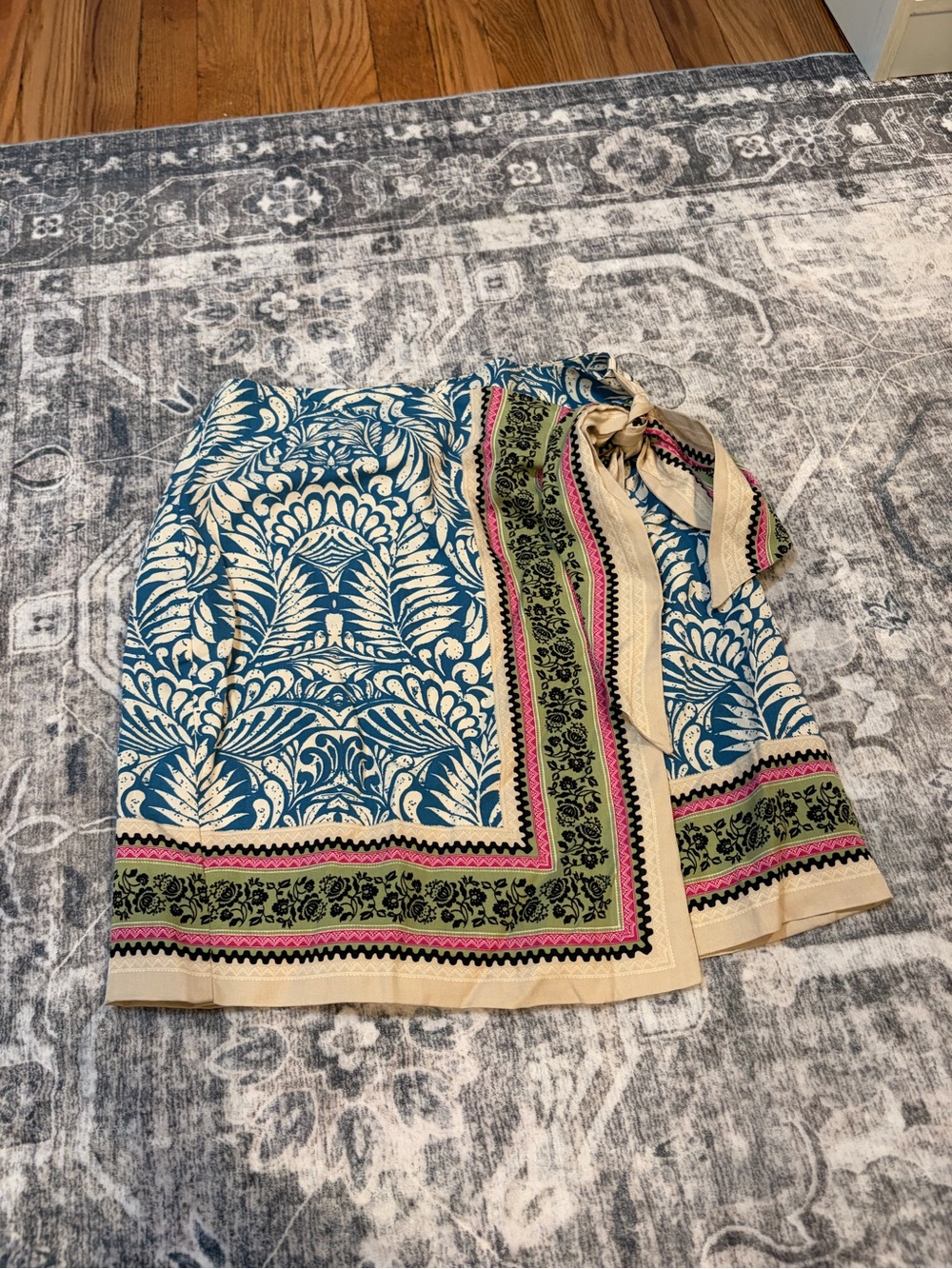 LOFT Blue Botanical Wrap Midi Skirt with Cream, Pink & Green Trim